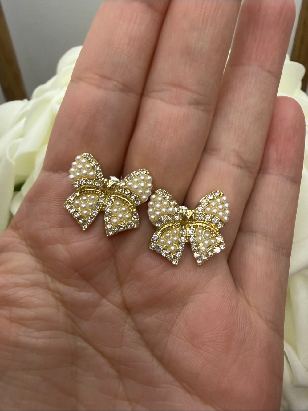 Gold Bow Pearl & Crystal Stud Earrings - Women Jewelry